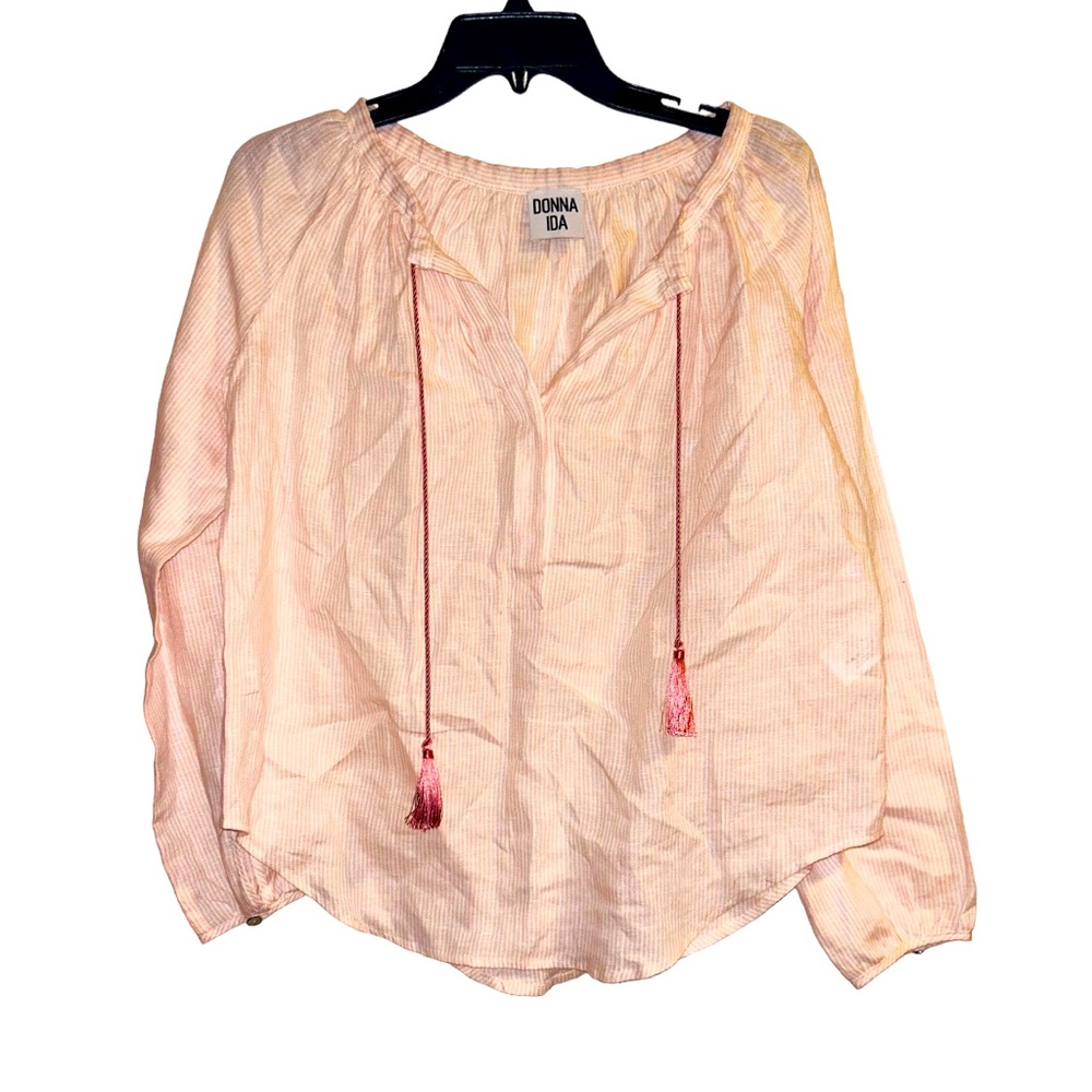 Donna IDA 100% Linen Striped Tassel Top Long Sleeve XS